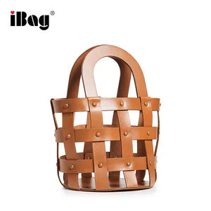 Cowhide Woven leather Embossed Logo Hollow Out Woven Basket Bag Woman Handbag