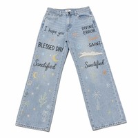 Jeans en denim pour homme coupe ample style hip-hop, imprimé artistique brodé étoile lune palmier, 14oz poids moyen, fabricant OEM