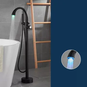 Grifo de bañera LED con soporte de suelo de alta calidad, grifería de bañera con cabezal de ducha de mano y lluvia, conjunto mezclador, color negro