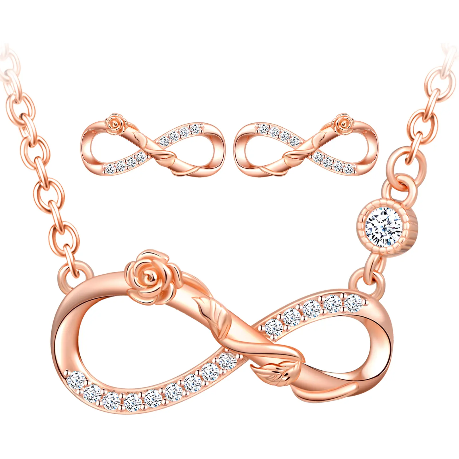 925 Silver Necklace Stud Earrings Infinity Rose Flower Jewellery Sets