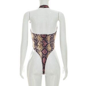 Viviblook J26BS204 Women Summer <b>Bodysuit</b> New Sexy Sleeveless Snake Print Deep <b>V</b>-<b>Neck</b> Printed Halter Backless <b>Bodysuit</b> - Product Image 5