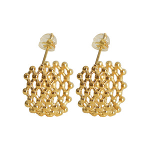 <b>Titanium</b> Steel <b>Stud</b> Earrings Gold Beaded C Shape Mesh Design Hong Kong Style 18K Gold Plated Geometric Fashion Jewelry - Product Image 5