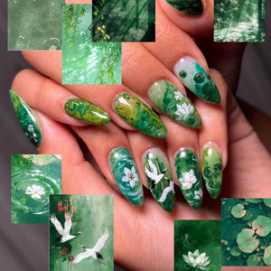 Faux ongles à presser style chinois, motif lotus et grue, forme amande, réutilisables, peints à la main, en acrylique, pour femmes - Product Image 1