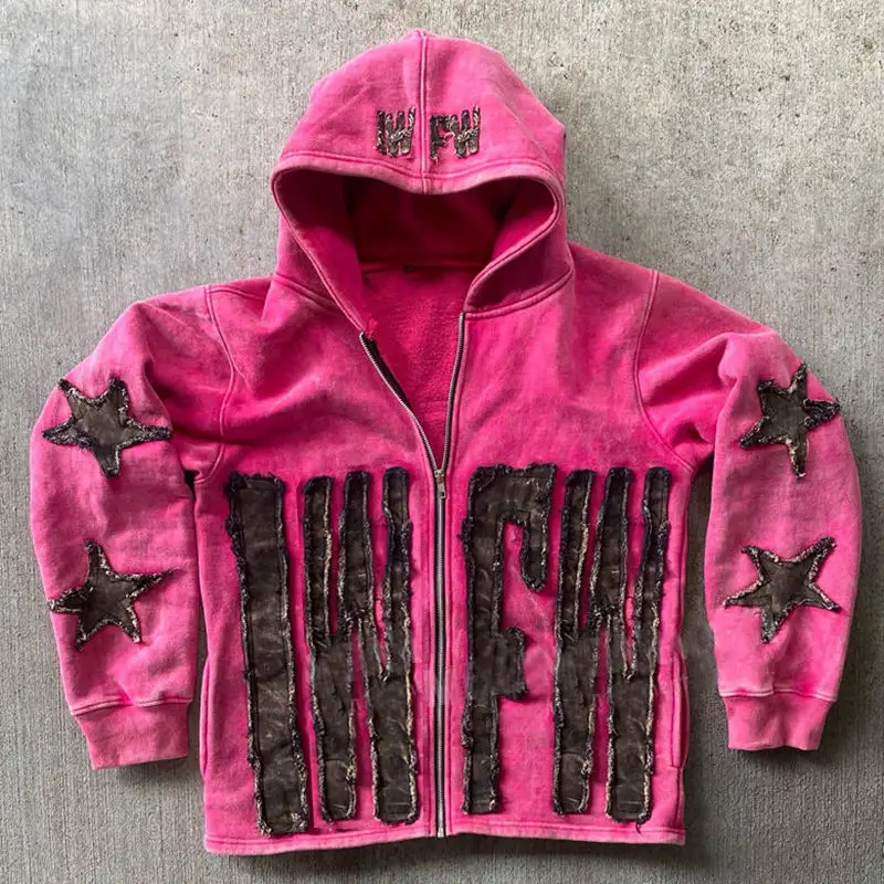 Zipup Hoodie benutzer definierte Französisch Terry Distressed Applique Vintage Hoodie 400gsm asid Säure waschen sonnen getrocknete gefärbte verblasste Reiß verschluss Hoodie Männer