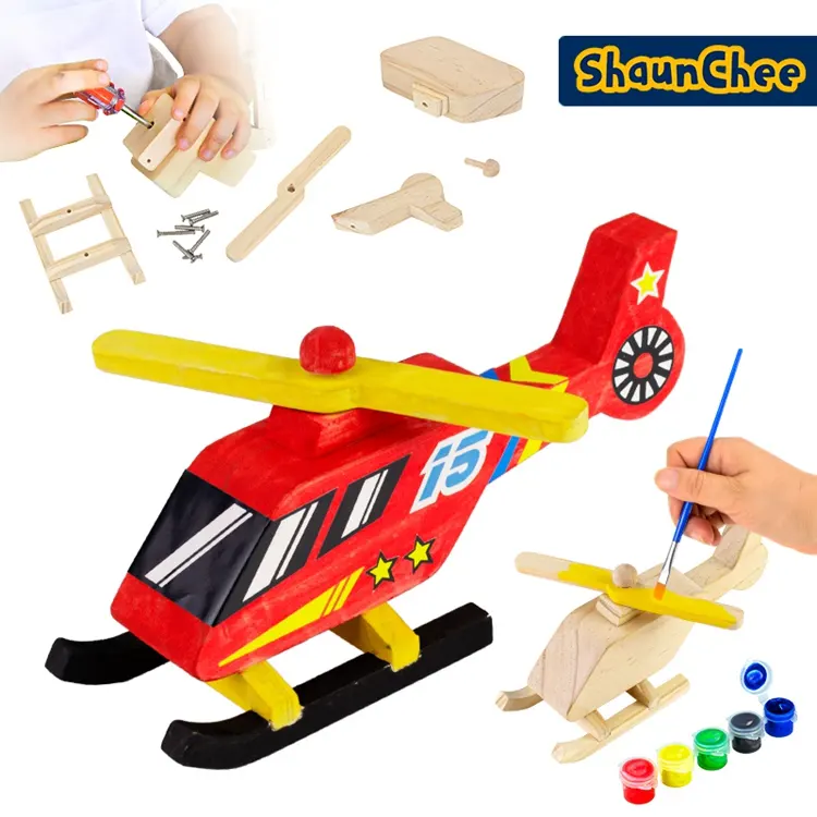 Wooden diy kids build painting toy helicopter