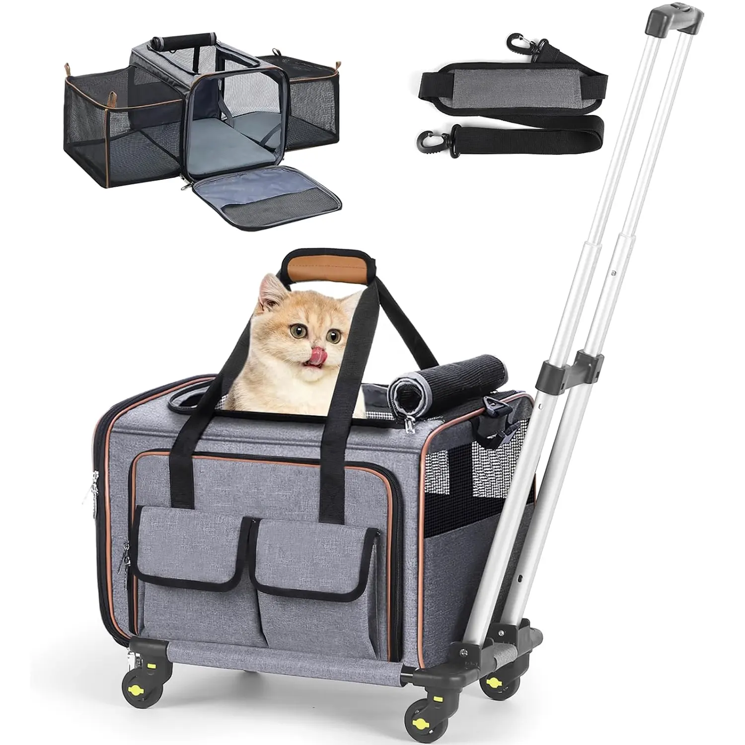 Airline Approved Expandable Rolling Trolley Pet Dog Cat Carrier Cage House Outdoor Travel Soft Shoulder Bag with Wheels Mats