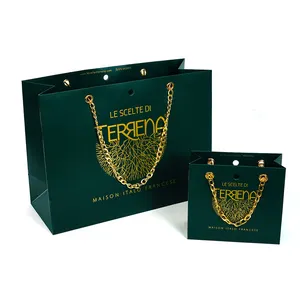 Sacs cadeaux personnalisés avec Logo en feuille d'or, emballage de vêtements et de bijoux, sac en papier avec poignée en chaîne, sacs en papier