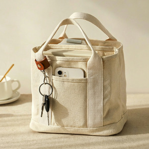 Japanese Style Canvas Lunch Bag Multi Pocket Portable Bento Organizer With Keychain For Daily Use - Product Image 1