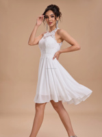 Gaun Pengantin Sifon Aplikasi Renda untuk Upacara Pernikahan, Gaun Pesta, Kerah Halter Tanpa Lengan, Gaun Pengantin Warna Ivory Custom