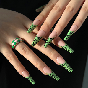 KUDAN Material de gel suave de alta calidad bastante verde punta francesa prensa <span class=keywords><strong>uñas</strong></span> artificiales largas estilo de modelo 3D para aplicación en los dedos - Product Image 1