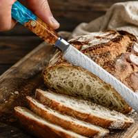 Ensemble de 7 couteaux Santoku, à pain et à plumes en acier Damas avec manche en résine bleue et bois de burl, pour la cuisine familiale et l'usage quotidien