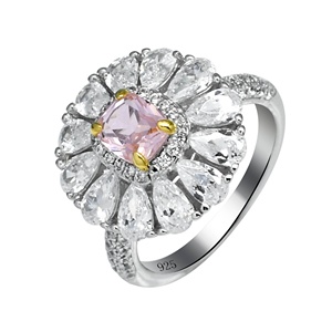 Anillo de Compromiso de Plata de Ley 925 con <span class=keywords><strong>Morganita</strong></span> y Circonitas Cúbicas, Diseño de Flor con Halo y Corte de Pera para Mujer - Product Image 1