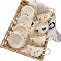 Ensemble tasse et soucoupe à café en céramique peintes à la main, style français, multicolores, avec cuillère, réutilisables, durables, sans danger pour les aliments