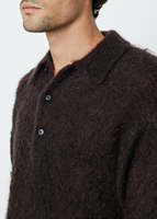 Vente en gros Design personnalisé Polo en tricot mohair à manches longues pour hommes, couleur unie, fausse fourrure, pelucheux, col boutonné