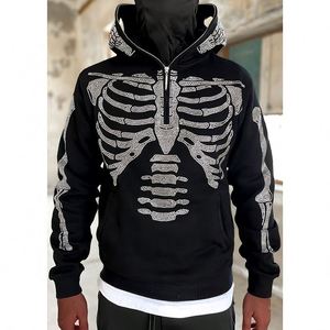 RUYI Custom Rhinestone Full Zip up Hoodie Streetwear Hombres Skeleton Half Zip Hoodie - Product Image 1