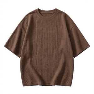 T-shirt Homme Oversize en Maille Gaufrée Respirant à Manches Courtes Col Rond Décontracté Marron Uni 100% Coton 220g - Product Image 1