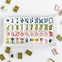 Jeu de Mahjong MCM Vert Olive Rétro Géométrique Floral Américain avec Tuiles à Motifs Artistiques et Pochette en Velours - Bam Bird Boutique