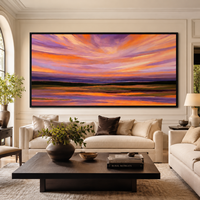 Peinture à l'huile sur toile panoramique abstraite surdimensionnée personnalisée, paysage de coucher de soleil, ciel orange et violet, art mural pour hôtel, salon, décoration de la maison