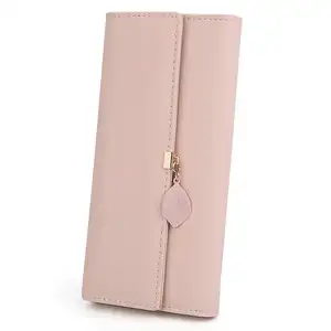 Pendentif feuille en cuir PU pour femme Porte-cartes Téléphone Chéquier Organisateur Portefeuille à fermeture éclair