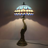 Lampe de table LongHuiJing 12 pouces en verre teinté motif paon, base en résine, douille E26 E27, motif géométrique perlé baroque, vente en gros