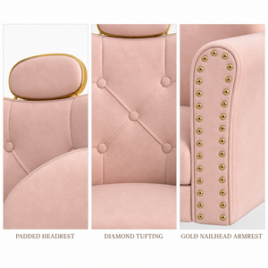Sillón de Peluquería de Lujo Estilo Francés, en Cuero Rosa con Tachuelas Doradas, Hidráulico y Reclinable - Product Image 6