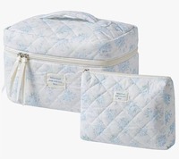 Vente flash : Trousse de maquillage en toile à carreaux bleus légers pour femmes, fermeture éclair, petite pochette florale pour les voyages, mignonne et pratique