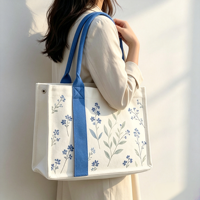 Sac fourre-tout en toile personnalisé bleu à imprimé floral, réutilisable, pour l'école, le sport et les activités quotidiennes en extérieur