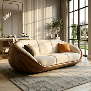 Sofá Curvo Tapizado en Beige con Estructura Exterior de Fibra de Vidrio con Acabado en Madera de Nogal para Espacios Residenciales de Lujo - Product Image 1