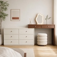 Coiffeuse avec commode de rangement, ensemble de table de maquillage à 6 tiroirs avec miroir LED et tabouret bouclé pour chambre à coucher
