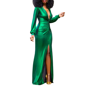 Abito Midi Metallizzato a <span class=keywords><strong>Maniche</strong></span> <span class=keywords><strong>Lunghe</strong></span> da Donna - <span class=keywords><strong>Vestito</strong></span> Aderente con Scollo a V Profondo e Arricciature per Feste Sehe Fashion - Product Image 4