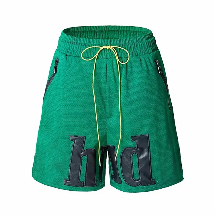 2023 New Fashion Applique Leather Embroidery Logo Green Summer Shorts Men Mesh Running Shorts Double Layer Mesh Shorts