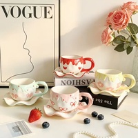 Lelyi Creative Relief Ice Cream Hand-painted Bow Flower Ceramic Cup Cute fairy Coffee Cup Set