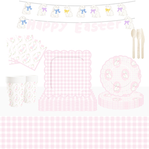 DAMAI - Juego de Decoración para Fiesta de Pascua, Vajilla Desechable de Papel con Diseño de Conejo de Pascua a Cuadros Rosas, Mantel, Vajilla Desechable para Fiesta - Product Image 1