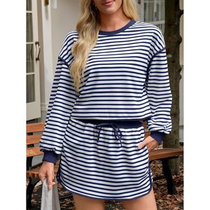 Womens Striped 2 Piece Workout Set Crewneck Long Sleeve High Waist Skort <b>Matching</b> Outfit Breathable Yoga Clothing - Product Image 3