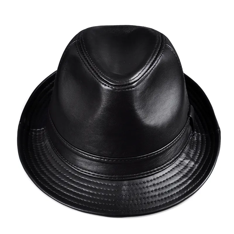 Winter Genuine Leather Big Brim Stetson Fedoras British Hats For Men/Women Gentman Black 55-61cm Fitted Jazz Hip-Pop Gorras