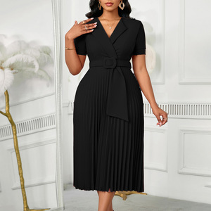 Short Sleeved V-neck Fashionable <strong>Temperament</strong> Elegant Pleated Plus Size High Waist African Dress for Women - Product Image 4