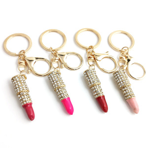 Fashion Rhinestone Crystal Bling Diamond Lipstick Keychain Metal Lipstick Holder Keychain for Women and Girl Gift