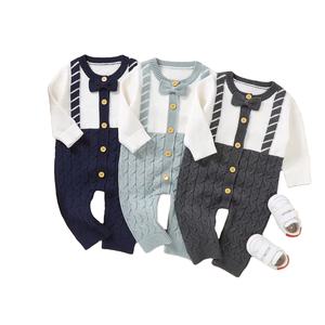Western Color Block Chunky Knit Robbed Boy Party Buttons Vêtements Coton Baby Chunky Pull Romper - Product Image 1