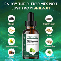 Gouttes liquides de Shilajit et d'Ashwagandha avec mélange d'adaptogènes pour la mémoire et les fonctions cérébrales, compléments alimentaires à base de plantes pour adultes, 2 fl oz 40 ml