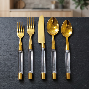 Ensemble de couverts en or en gros avec manche en Lucite et embout doré |   Couverts de luxe pour événements, mariages et promotions - Product Image 4