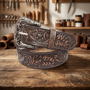 Men's Fashion Floral Engraved Brown Western Leather <b>Tooling</b> <b>Belt</b> for Men and Women With Designer Floral Pin Buckle Custom Sizes - Product Image 1