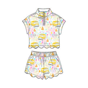 GSSO3584 Conjunto infantil personalizado de manga corta con cremallera, estampado de flores y manzanas, estilo casual con borde festoneado, para niñas pequeñas, venta al por mayor - Product Image 2