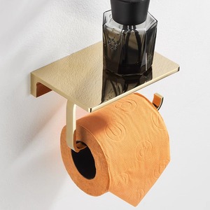 Porte-papier toilette rectangulaire en cuivre plaqué or, sans perçage, à fixer au mur, pour salle de bain - Product Image 1