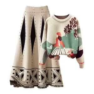 Пуловер, осенне-зимний костюм, стиль для ношения, вязаный свитер в западном стиле, пальто, женская темпераментная узкая юбка, комплект из двух предметов