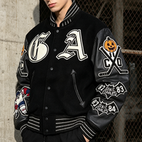Veste bomber en laine et polyester vintage avec broderie chenille personnalisée, manches en cuir, veste varsity pour homme