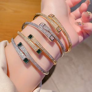European American Style Electroplated <b>Copper</b> Cuff <b>Bracelet</b> With Zircon And Sapphire Inlay Geometric Design For Women Party - Product Image 1