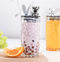 Tasse d'Eau Créative et Tendance en Verre Épais Transparent 350 ml avec Paille, Motif Ours Diamant, pour la Maison