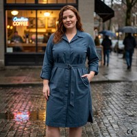 Robe chemise trapèze personnalisée en coton biologique écologique pour femme, bleu ardoise, avec ceinture à anneaux en D et quatre poches, longue, Vancouver Canada