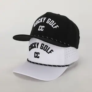 Gorra deportiva de 5 paneles con cuerda de diseño OEM personalizado al por mayor BSCI, gorras de poliéster blanco con logotipo bordado, gorra de béisbol de Golf con agujero cortado con láser