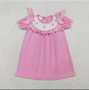 ชุดเดรสปักลายกากบาทสีชมพูสำหรับเด็กผู้หญิง RTS GSD3178 ความยาวระดับเข่า แต่งระบายช่วงเอว สำหรับเทศกาลอีสเตอร์ - Product Image 1